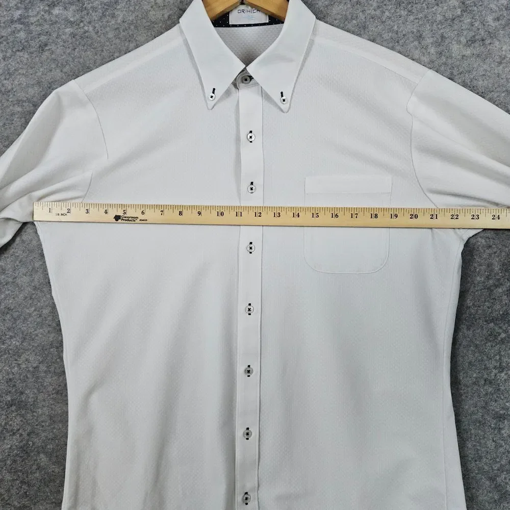 Orihica Men's White Button Down Shirt Size L‎ Slim Fit Textured Short Sleeves